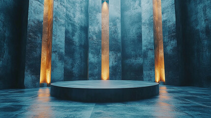 A wide gray concrete interior with a central podium and sleek linear lamps on the wall exudes minimalism and modern elegance bright light tones create depth with blurred empty caption space on the sid