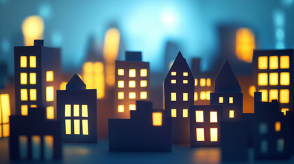 City in paper style. Silhouettes of buildings with windows and soft lighting, paper cut out effect. paper city background