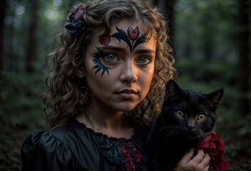 Portrait of a Little Girl with Face Paint Holding a Black Cat with Realistic Glowing Eyes in a Mystical Dark Forest, Photorealistic Fantasy Portrait with Spooky Gothic Halloween Vibes, generative AI