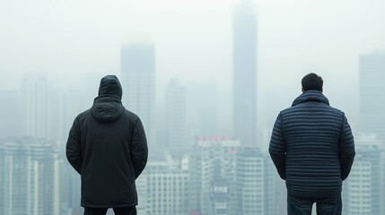 Fototapeta premium Two people contemplating the cityscape from a high vantage point 