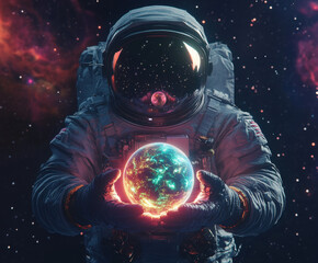 Astronaut holds glowing planet in a vibrant cosmic landscape filled with stars and nebulae