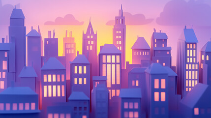 Obraz premium City in paper style. Silhouettes of buildings with windows and soft lighting, paper cut out effect. paper city background