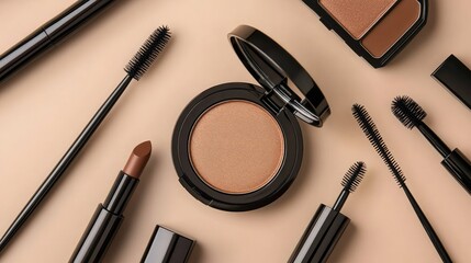 Flat lay of s-inspired beauty products, including compact powder, brown lipstick, and thin eyebrow stencils on a soft beige background.