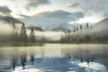 Fototapeta premium panoramic landscape photo of a mystical morning scene with fog over a lake