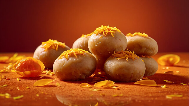 Artfully arranged Kesar peda sweets topped with saffron strands, creating vibrant and inviting display. Perfect for festive occasions and celebrations