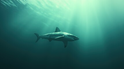 Fototapeta premium Pixel Art Great White Shark Underwater Teal Green Sunlight Beams