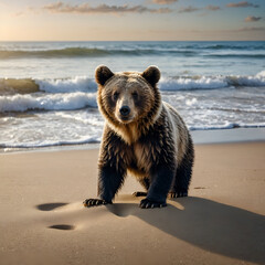 Obraz premium Majestic grizzly bear walking along the beach near the ocean waves at sunset