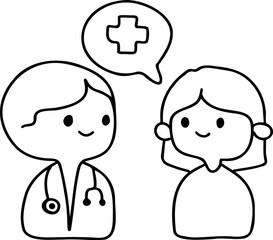 Health investment  and wellness returns. A doctor and patient having a conversation about health in a simple, cartoon style.
