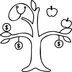 Health investment and wellness returns. Cartoon tree with money and apples
