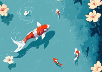 Fototapeta premium Koi Fish Swimming in Serene Pond Illustration