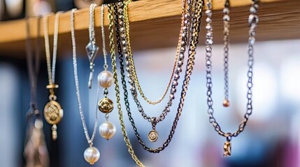 Soft-focus shot of trendy layered necklaces with a combination of pearls, charms, and delicate chains.