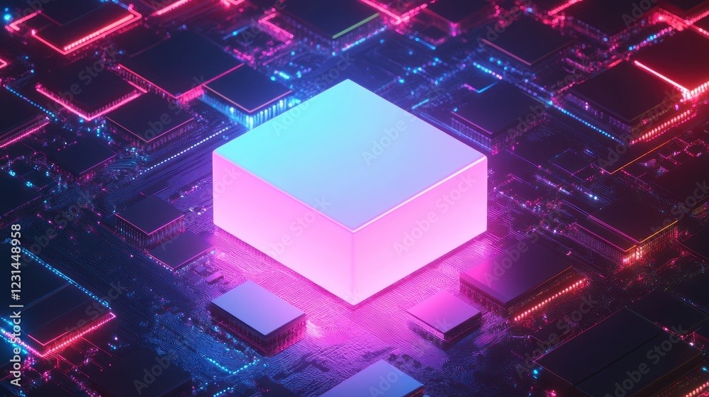 Poster glowing central microchip with surrounding components, used for technology and computing