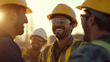 Group of site workers laughing together after a long day of work.