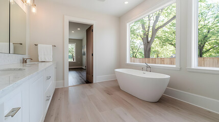 Modern bathroom with freestanding tub, natural light, and backyard view; home design inspiration