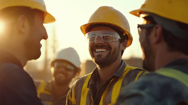 Group of site workers laughing together after a long day of work. - Powered by Adobe