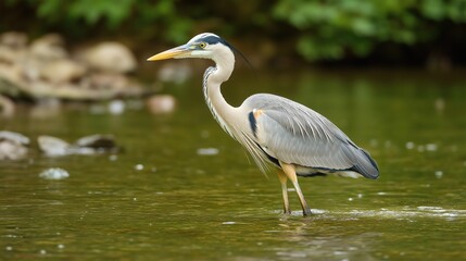 Great Blue Heron Wading in Shallow Green Water