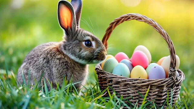 Little Bunny near the Basket With Decorated Eggs - Easter Card