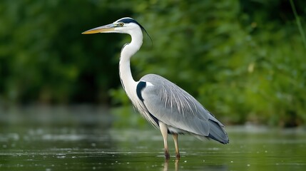 Naklejka premium Grey Heron In Lush Green Wetland Habitat