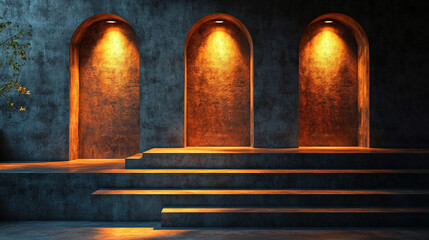 A wide gray concrete interior with a central podium and sleek linear lamps on the wall exudes minimalism and modern elegance bright light tones create depth with blurred empty caption space on the sid