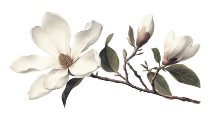 Elegant magnolia blossom with delicate buds on branch captured in a clear background
