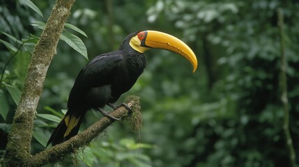 Fototapeta premium Black And Yellow Toucan Perched On Branch In Lush Green Rainforest