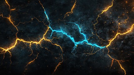 Naklejka premium Glowing blue and orange lightning cracks on dark textured background.