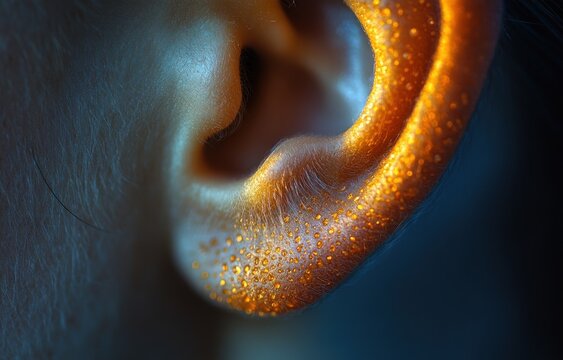 Close-up of Human Ear and Green Eye with Reflections on Skin Textures and Senses Concept