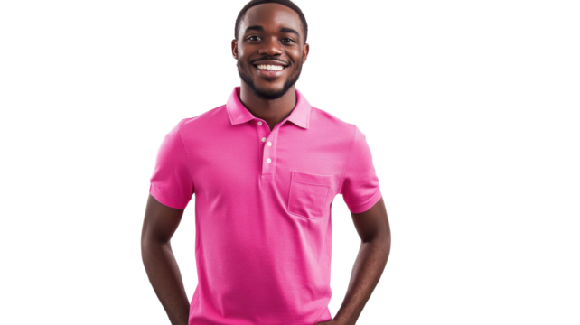 Young man wearing pink polo shirt smiles confidently while posing with hands on hips against plain background
