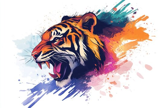 Vivid illustration of roaring tiger amidst colorful splashes