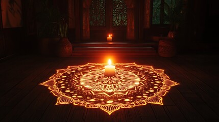 A glowing mandala pattern illuminated by soft candlelight in a dark room radiating peace and mysticism