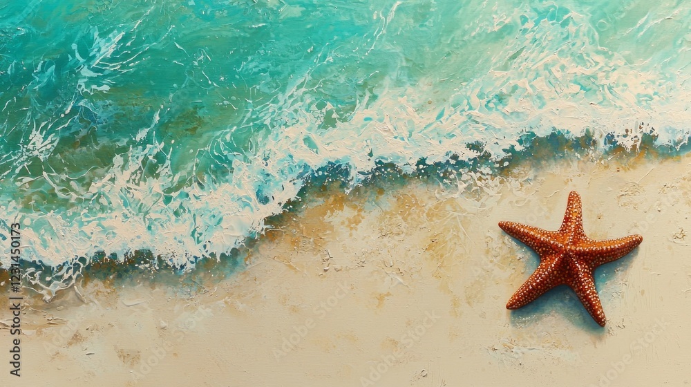 Poster a vibrant starfish sprawls across the soft, warm sand, while gentle waves lapping at the shore creat