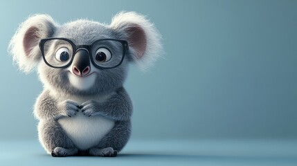 A cartoon koala with large glasses, standing on a clean one-color background, with plenty of space on the side
