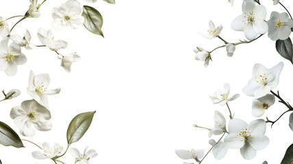 Obraz premium Delicate white flowers with green leaves arranged elegantly on a blank background for artistic inspiration