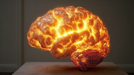 A glowing artistic representation of a human brain with neural networks lit up