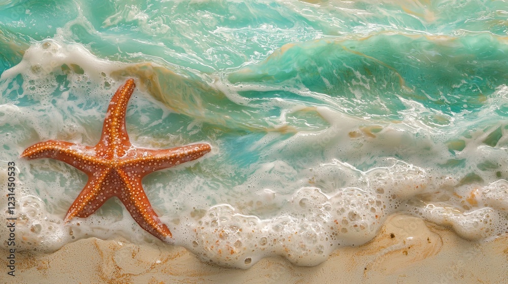 Poster nestled on golden sands, a vibrant starfish sits serenely while gentle waves playfully lap at its ed