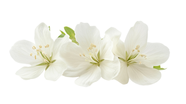 White blossoms arranged elegantly with fresh green leaves in a simple layout showcasing natural beauty