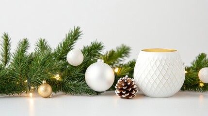 Elegant White Candle with Pine Branches and Holiday Decorations
