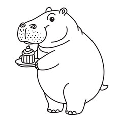 Line art of hippo serving cupcake cartoon vector