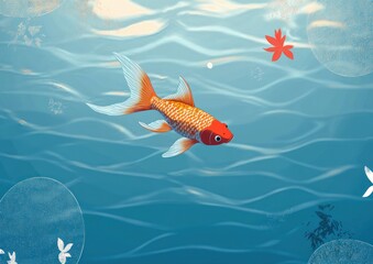 Underwater Scene with Colorful Goldfish in a Japanese Ink Painting Style