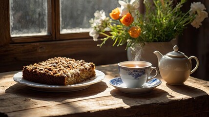 A plate of cake and a cup of tea sit on a wooden table