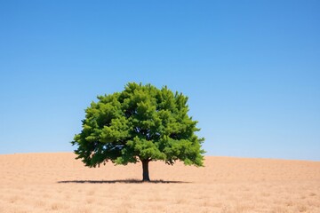 Fototapeta premium A solitary green tree stands on an expansive desert with vibrant blue skies above, conveying themes of resilience, nature, and contrast