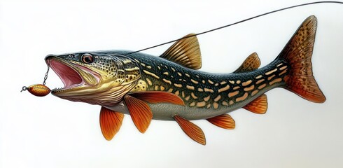 Pike Fish Illustration Dynamic Pose Hunting Wobbler Bait Realistic Art Northern Predator
