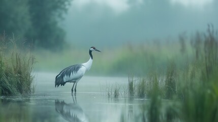 Red Crowned Crane in Misty Marsh, Soft Morning Light