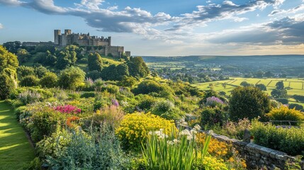 Obraz premium A scenic view of a castle overlooking lush gardens and rolling countryside.