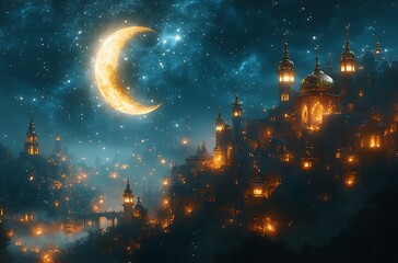 Naklejka premium Enchanting night sky with a crescent moon over a glowing fantastical city with domed buildings