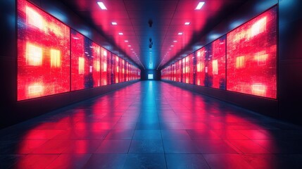 Long futuristic corridor with glowing red panels and blue reflective floor creating a high tech atmosphere