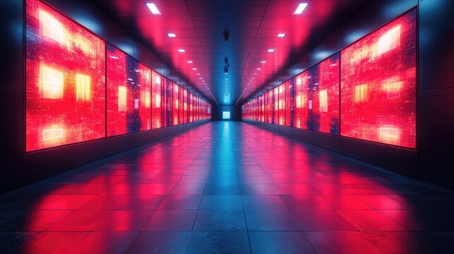 Long futuristic corridor with glowing red panels and blue reflective floor creating a high tech atmosphere