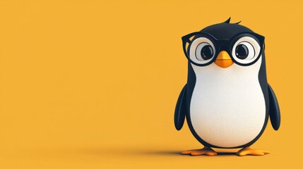 Obraz premium A cartoon penguin with glasses, standing against a minimalistic solid-color backdrop, with space for copy