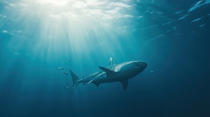 Naklejka premium Majestic Shark Underwater Sunlight Beams in a Dark Blue Ocean
