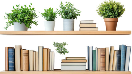 Decorative bookshelf with plants and a collection of books in minimalist design